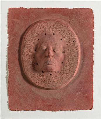 MARISOL ESCOBAR Three painted cast paper masks.